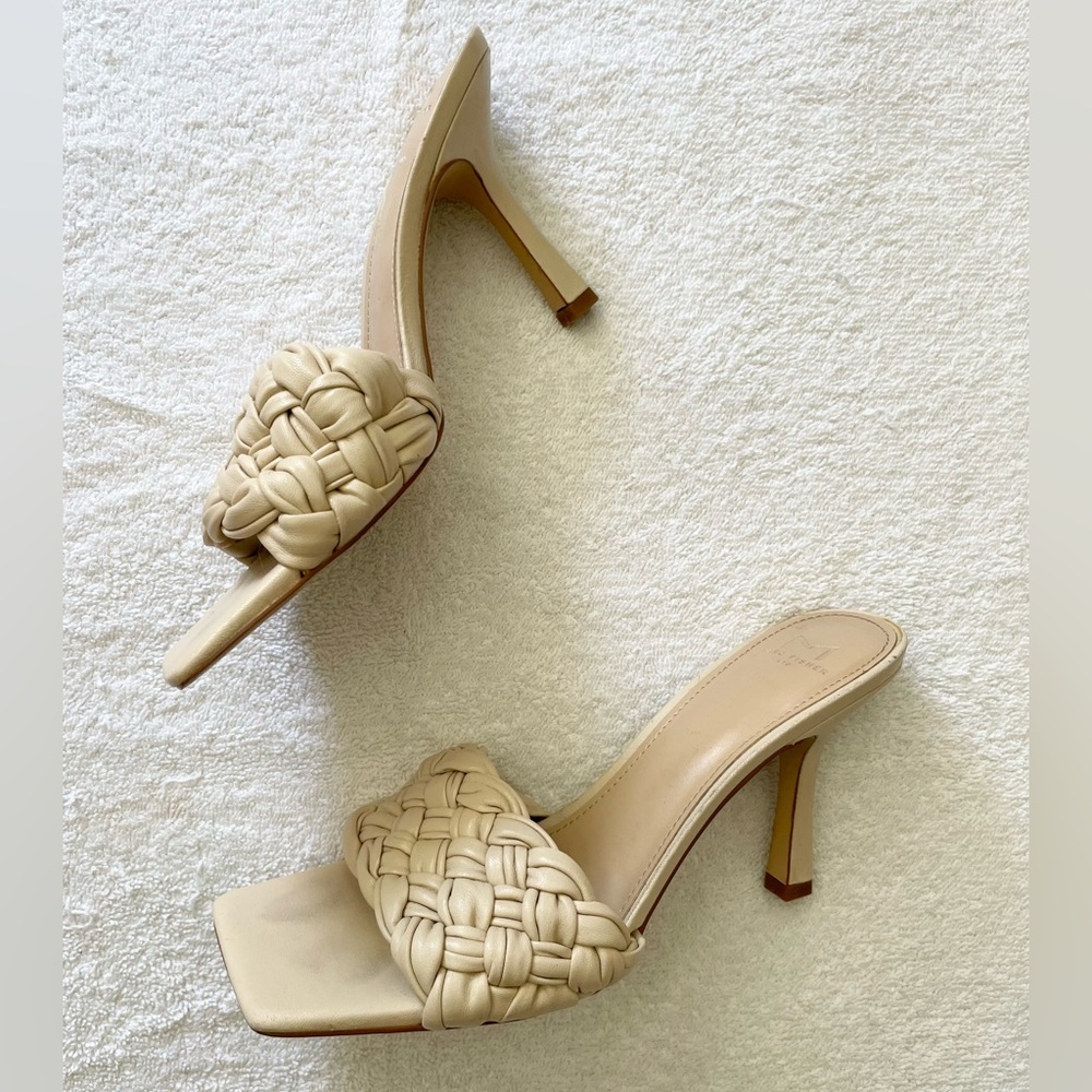 Marc Fisher Squared Toe Leather Braided Tan Heel Sandals